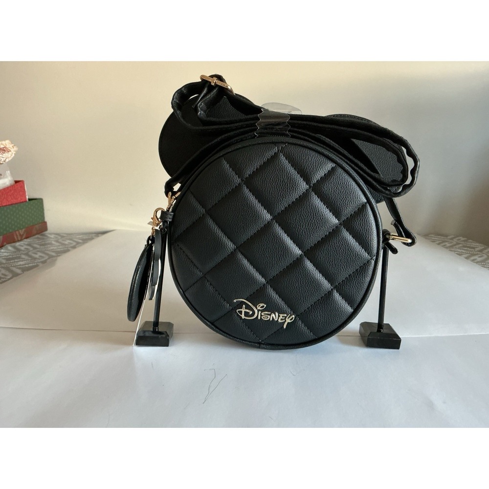 Disney Mickey Mouse Round Quilted Crossbody Bag Black Gold Logo NWT